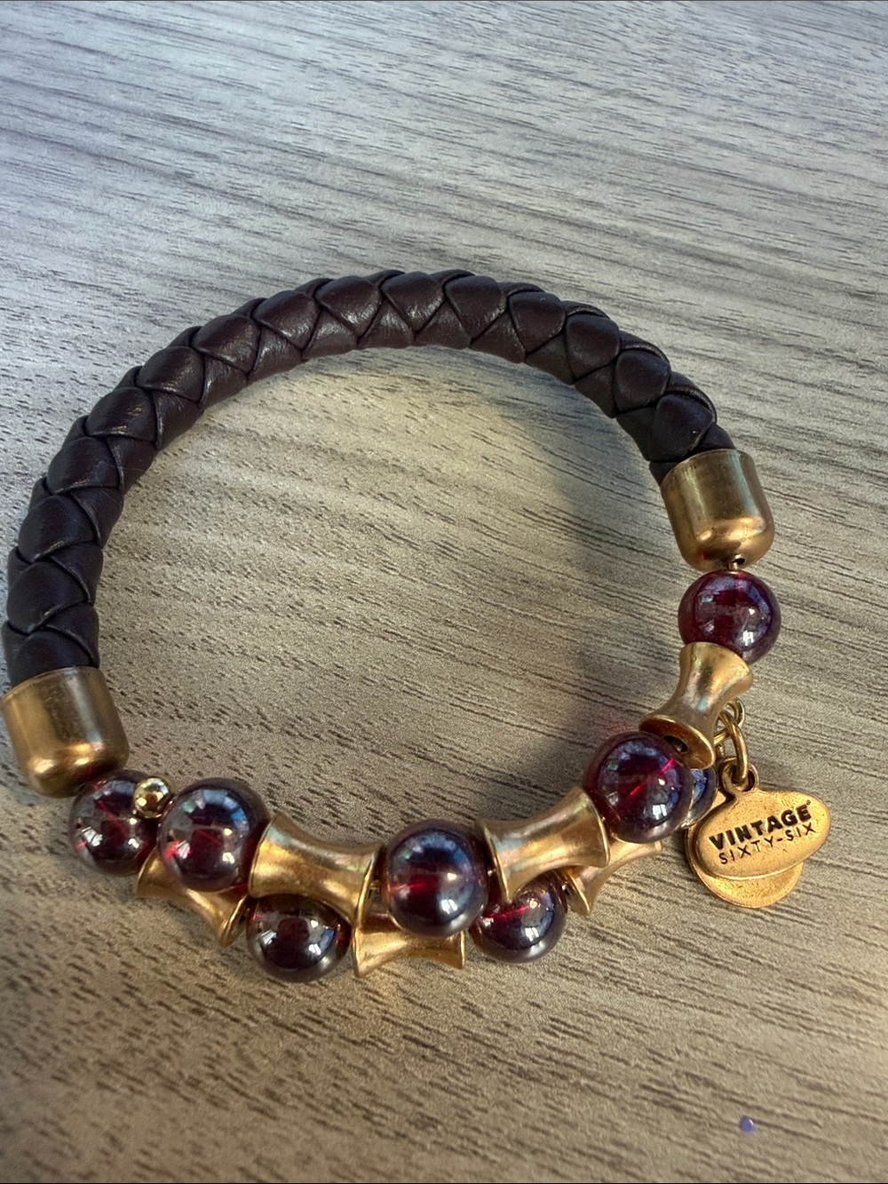 Alex and Ani Brown Braided Leather Bracelet with Gold Accents and Deep Red Beads